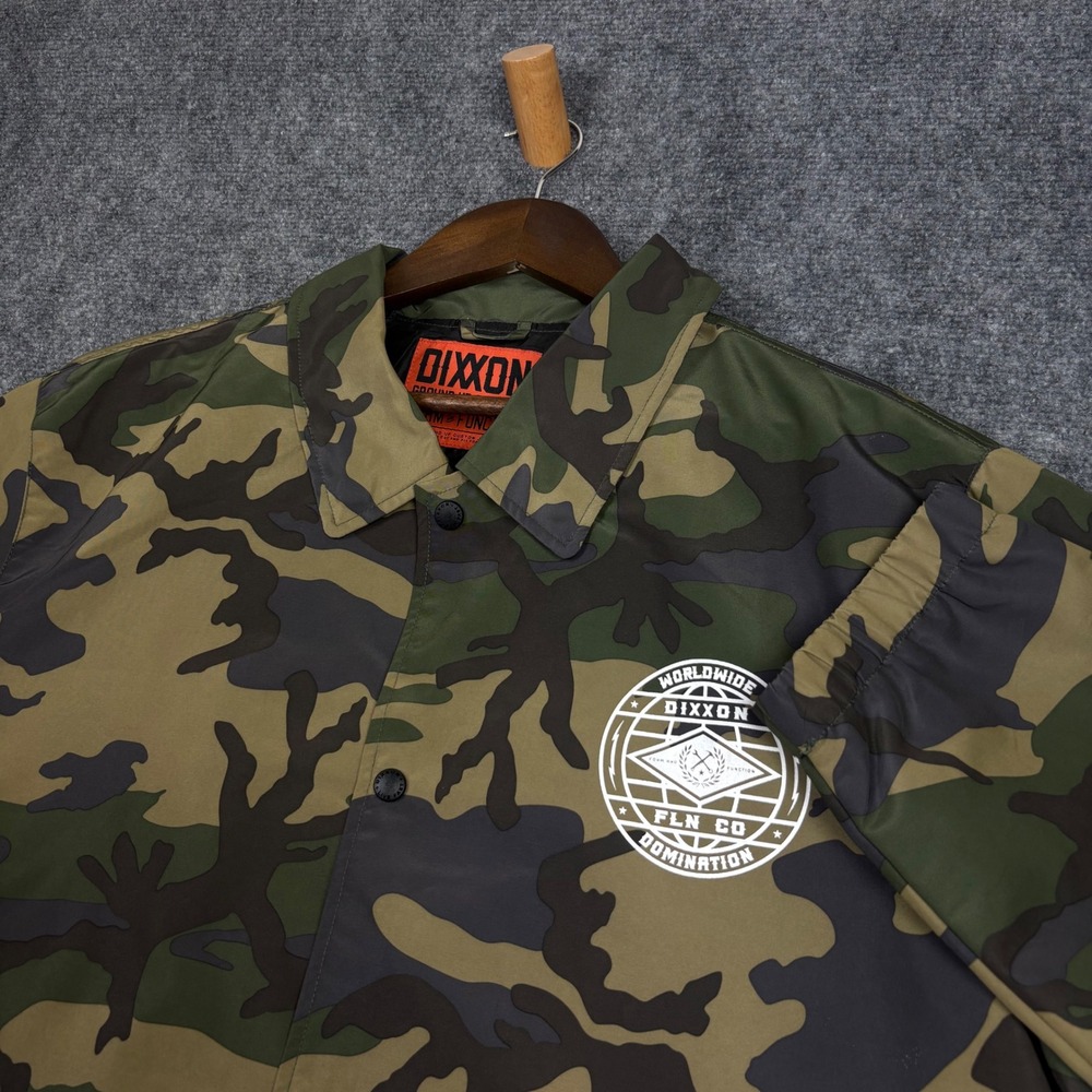 Dixxon Coaches Jacket Mens XL Green Camo Worldwide Domination Snap Front 0629